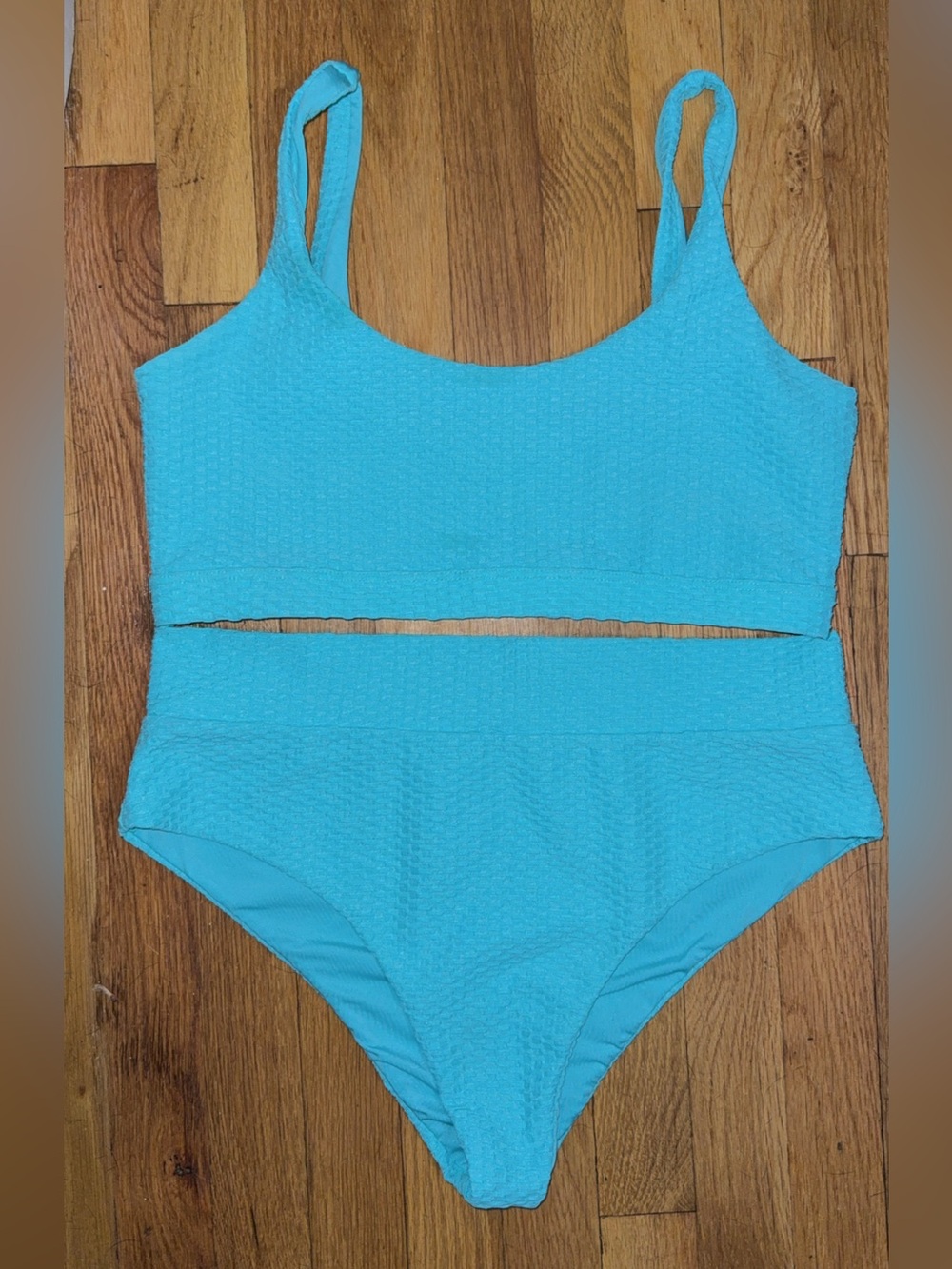 Textured Turquoise Blue High-Waist Bikini Set